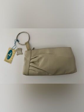 Classic Cream Leather Wristlet Clutch with Silver tone ring